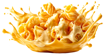 Cheese splash creamy sauce melted cheese macaroni pasta golden color comfort food appetizing dynamic splash motion, isolated