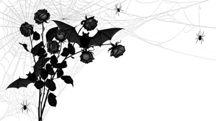 Black bats and roses entangled in white spiderwebs on black background image 1