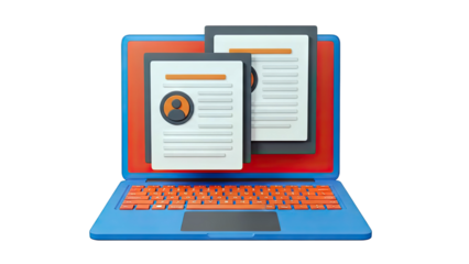 3D Laptop Displaying Digital Documents and Profiles