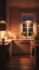 Cozy kitchen with steaming mug and window light interior