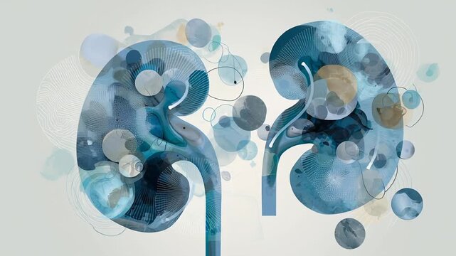 Clinical kidney test interpretation, abstract data flow around kidney shape, soft blue and gray palette, function professional editorial style 