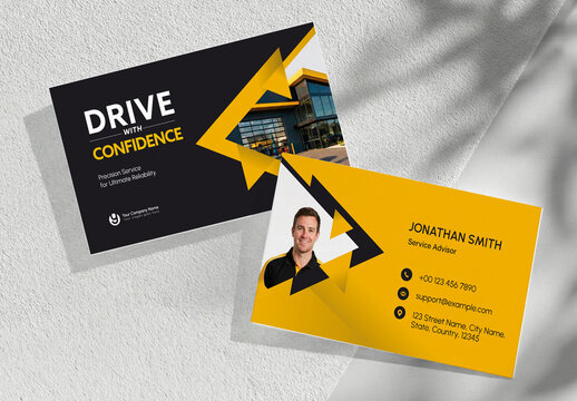 Modern Automotive Mechanic Business Card Template with Geometric Yellow Shapes