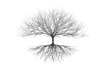 silhouette of a black tree with symmetrically arranged branches and roots symbolizing growth, balance, nature and life
