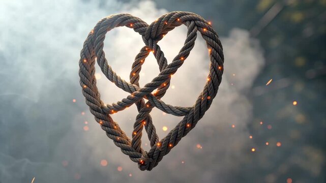 Heart Shaped Sigil of Intertwined Ropes Glowing with Sparks and Embers Symbolizing Love and Passion on Valentine Day