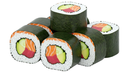 Sushi rolls with salmon, tuna, avocado, and cucumber