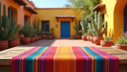 Colorful striped textile on rustic wooden table outside traditional Mexican building. Potted cacti, vibrant walls create sunny courtyard scene. Perfect for Cinco de Mayo, Dia de Muertos, culinary
