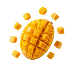 Fresh Mango Slices Flying Around a Whole Ripe Mango on White Background