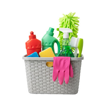 Cleaning supplies in basket with sponge, brush, glove and spray bottle