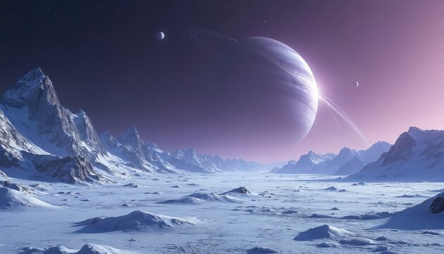 Frozen exoplanet landscape with snow-covered mountains and icy plains. Giant ringed planet and moon hang in purple sky with distant stars. Futuristic, alien, cosmic scene.
