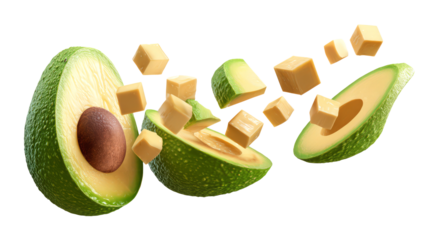 Flying Avocado Halves and Cubes on White Background