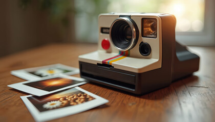 Retro camera sits on wooden table next to instant photos. Vintage camera with colorful stripes is analog device for capturing memories, offering nostalgic feel. Old school picture maker for snapshots.