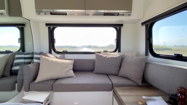 Interior of a modern camper van with a view of a rural landscape.  
