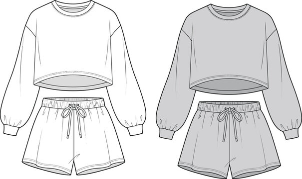 Flat vector illustration, women's cropped sweatshirt and shorts set, fashion sketch, loungewear design, garment template, technical drawing