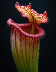 Naklejka premium Carnivorous pitcher plant exhibits intricate red veining on delicate yellow lid. Deep green stem supports red fringed lip. Macro detail shows fine hairs. Exotic flora specimen against dark background.
