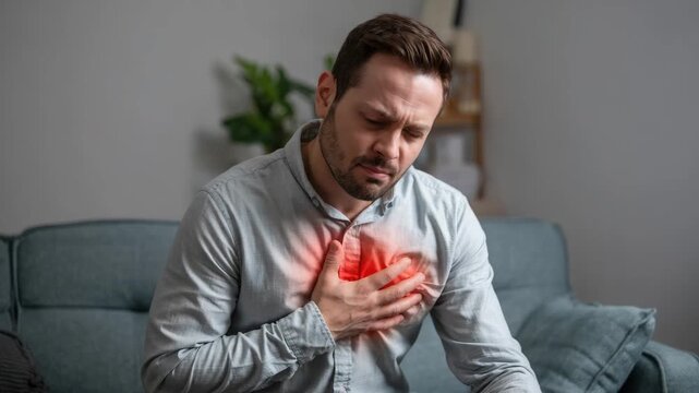 Young man experiences sharp chest pain at home feeling severe discomfort and urgent need f