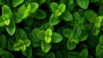 Overhead shot of numerous green mint plants with distinct leaves filling the frame