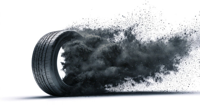Exploding car tire in motion with black dust