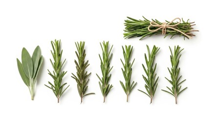 Obraz premium Fresh Rosemary Sprigs Arranged Isolated on a White Background for Culinary Use