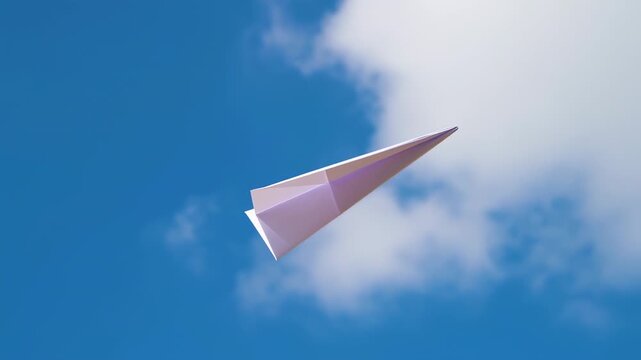A light purple paper airplane soars against a vibrant blue sky dotted with fluffy white clouds