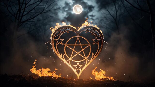 Fiery Heart Shaped Sigil with Pentagram Symbol Illuminates Dark Forest Under Full Moon, Creating Mystical Valentine Night Atmosphere