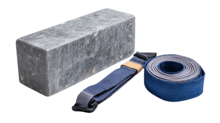 Yoga block and strap for stretching exercises.
