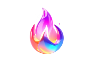 Stylized, vibrant flame graphic with a multi-colored gradient on black