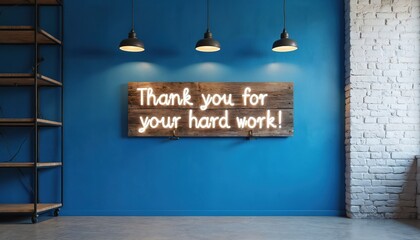Neon sign on wooden board reading Thank for hard work. Mounted on vivid blue wall in studio setting with exposed brick, shelving. Offers appreciation for effort, team recognition, employee motivation