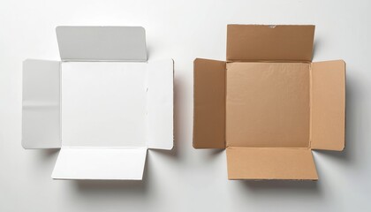 Two open blank cardboard boxes one white one brown sit side by side on white background. Ready for product placement or shipping. Simple clean studio shot.