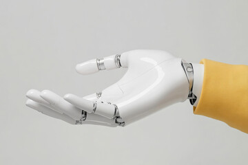 Close-up of a white robotic hand with metallic joints, extended in a receiving gesture. A detailed view of a sophisticated white prosthetic hand, its fingers gently cupped, ready to receive or present