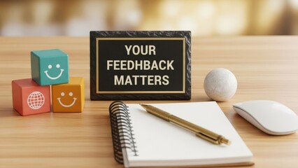 A sign stating Your Feedback Matters sits on a wooden desk next to a notebook and pen, emphasizing communication and importance.