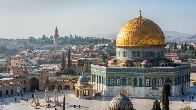Majestic Dome of the Rock shrine with a brilliant golden dome under clear sunny skies in h