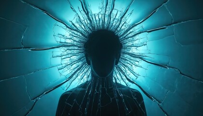 Man silhouette fragmented by shattered glass. Blue light bursts outward, symbolizing mental breakdown and identity loss. Stressful feeling of being broken.