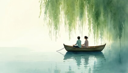 Two figures sail gently on a boat beneath weeping willow branches. Calm blue water reflects the serene scene creating a peaceful journey. Light mist surrounds this tranquil natural setting.