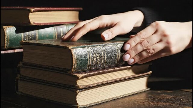 returning stacks of ancient books to the library collection. vintage atmosphere with Delicate Hand Movement. 4k footage