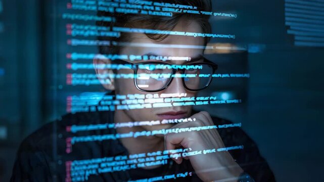 Young man with black framed glasses intensely focused on lines of glowing blue and red computer code in a dark tech environment suggesting deep though