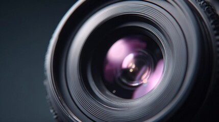 Close-up of a camera lens. the lens is circular in shape and appears to be made of metal. the center of the lens is a bright pinkish-purple color, which is the focal point of the image.