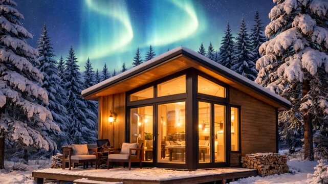 Snowy forest with a rustic wooden tiny house lit by interior lights, pine tree snow winter night northern lights nighttime winter landscape.
