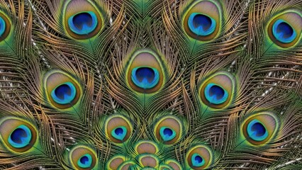 Obraz premium Exotic iridescence peacock feathers display vibrant colors in a captivating pattern