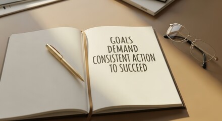 An open notebook with a motivational quote and a gold pen on a desk, emphasizing the need for consistent action towards goals.