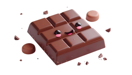 Cartoon chocolate bar with a smiling face and broken pieces