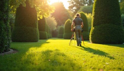 Gardener trims large sculpted bushes in sunny green lawn. Man works on landscaping project, tending to hedge plants with tools. Peaceful morning light filters through trees.