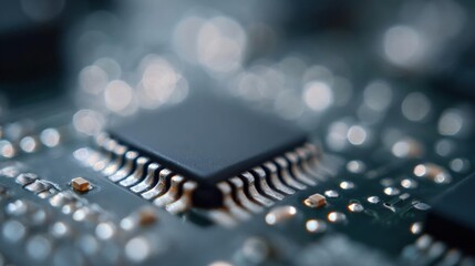 Close-up of a printed circuit board (pcb) with a microchip in the center. the microchip is black in color and has a rectangular shape with rounded edges.