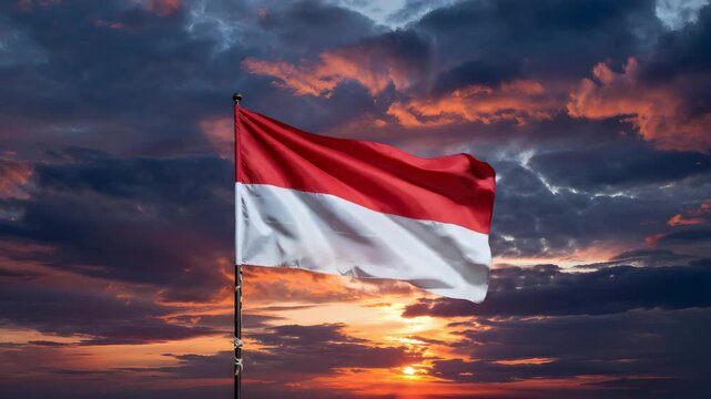 A proud Indonesian flag flutters gracefully on a flagpole against a dramatic and colorful sunset sky displaying vibrant orange and dark blue clouds wi