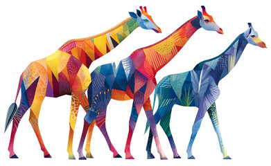 Colorful giraffe geometric pattern tribal motif abstract animal vibrant color polygon art safari wildlife modern design African style decorative print wander gracefully with joyful flair, isolated