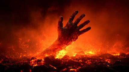 Fiery Hand Rising from Flames Symbolizing Power and Destruction