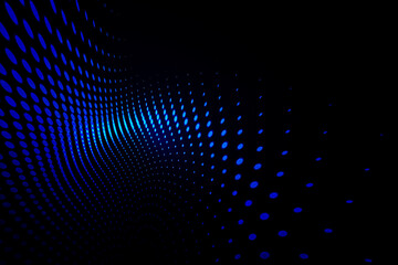 Obraz premium Digital illustration of a blue glowing dot wave on a dark technology background with dynamic perspective