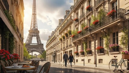 Romantic Parisian stroll featuring the iconic Eiffel Tower and classic architecture creates
