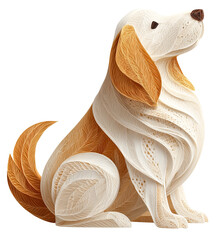 Golden retriever puppy wagging tail paper cut quilling craft sitting cute white brown, isolated
