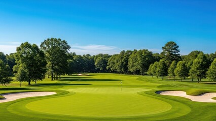 Serene golf course landscape with lush green fairway and clear blue sky for recreation and outdoor