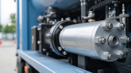 Close-up of a large industrial machine with a cylindrical metal cylinder in the center. the cylinder is silver in color and has multiple bolts and nuts attached to it.